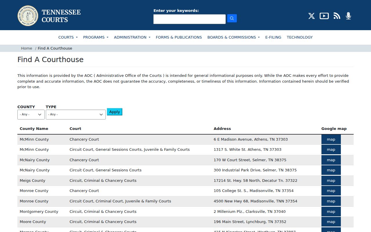 Tennessee courts listing for Scott County courts