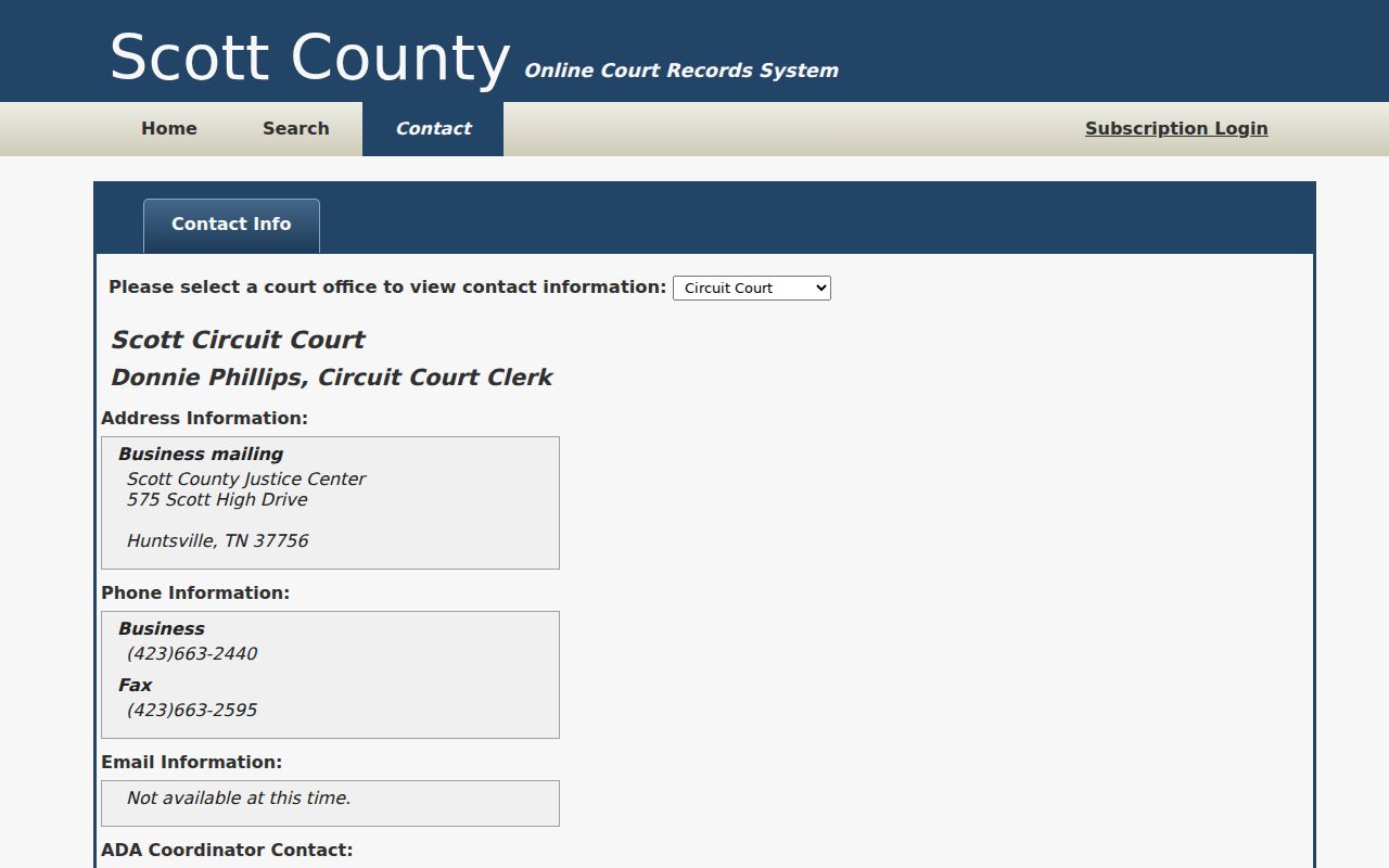 Scott County court office selector and clerk contact