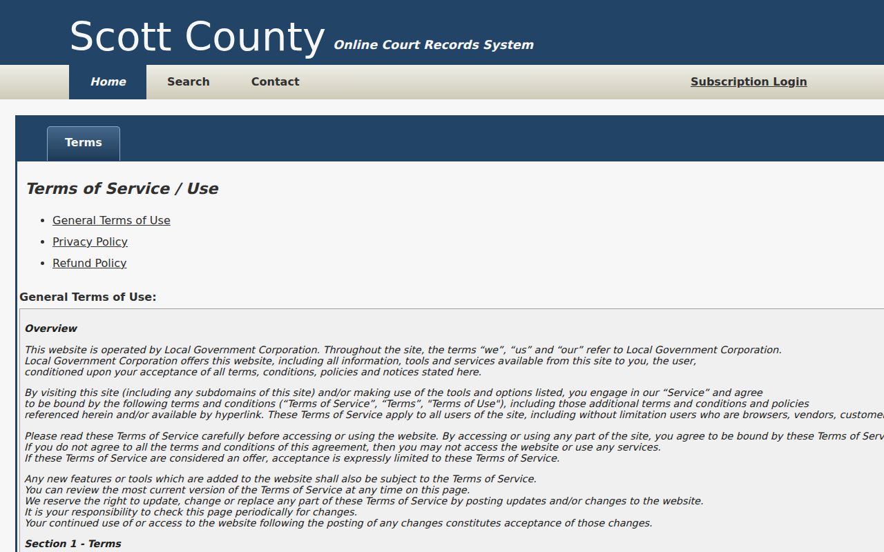 Scott County portal official-record disclaimer