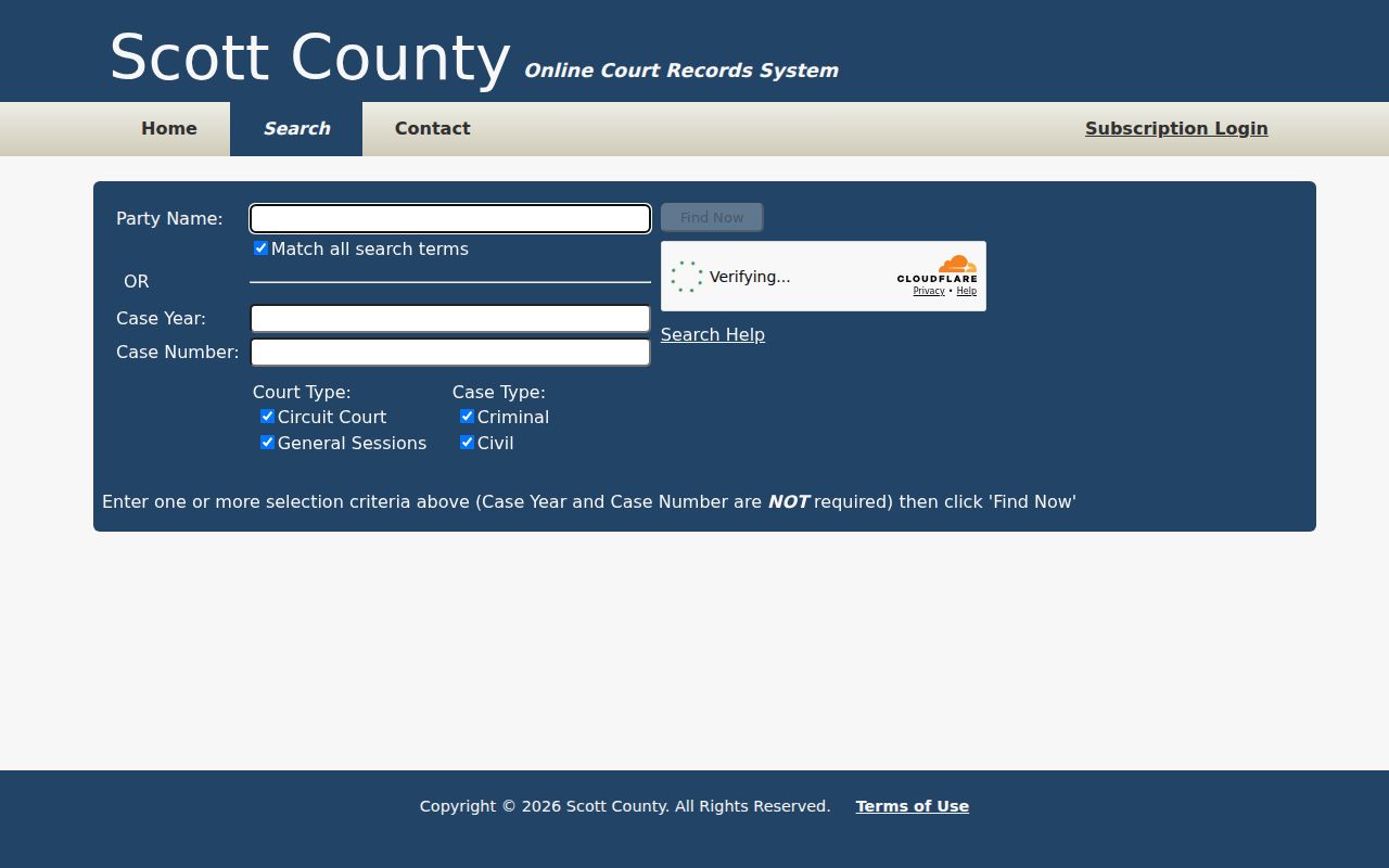 Scott County online case search form with party name, year, number, court type, and case type fields